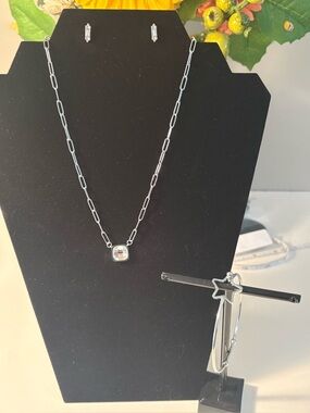 Silver tone Chain Necklace with Square Pendant, earrings, and bangle set